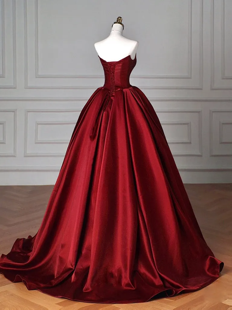 A-line V Neck Satin Burgundy Long Prom Dress, Burgundy Long Formal Dress