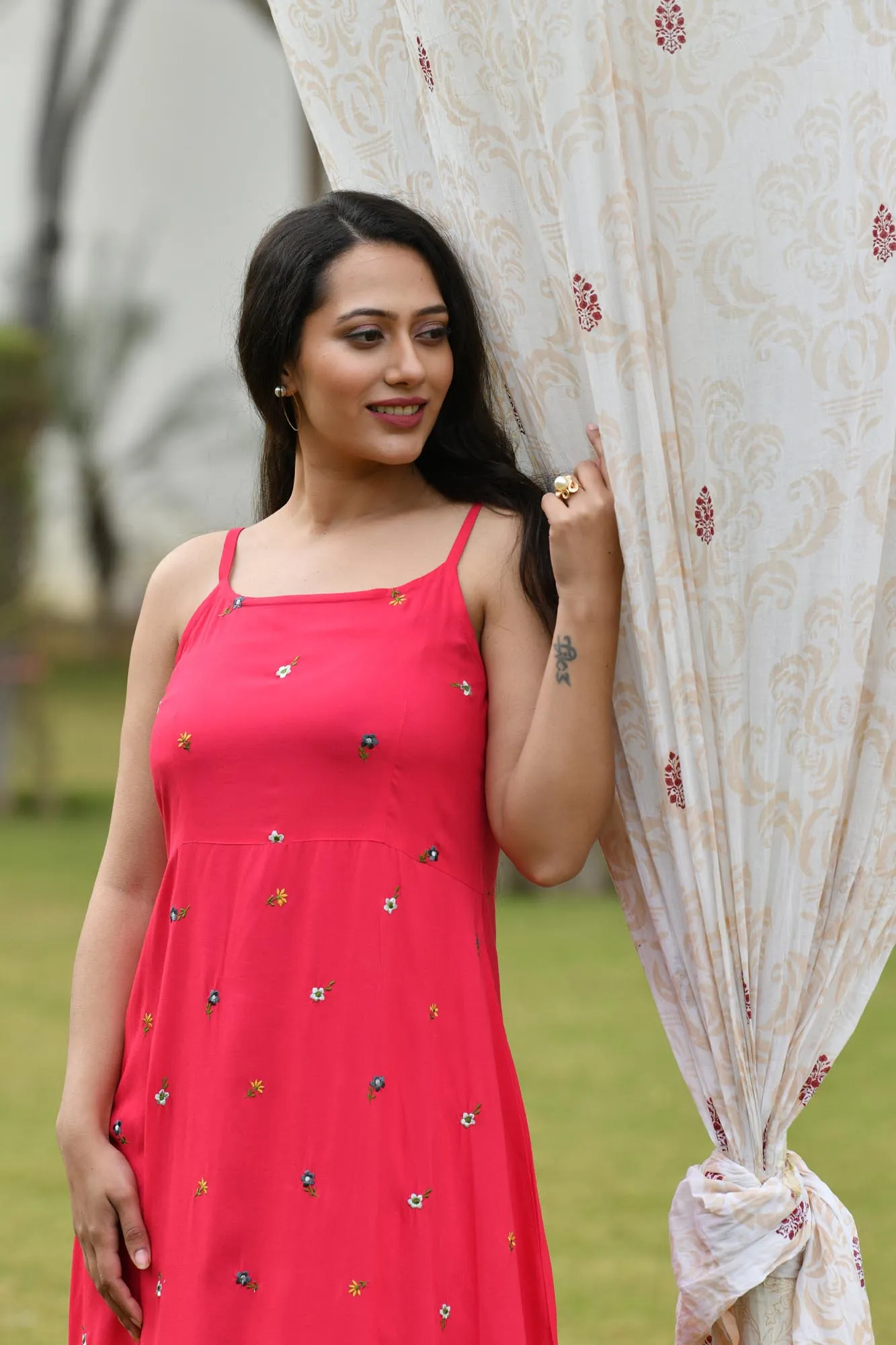 AAHELI RASPBERRY-GREY EMBROIDERED DRESS WITH SHRUG