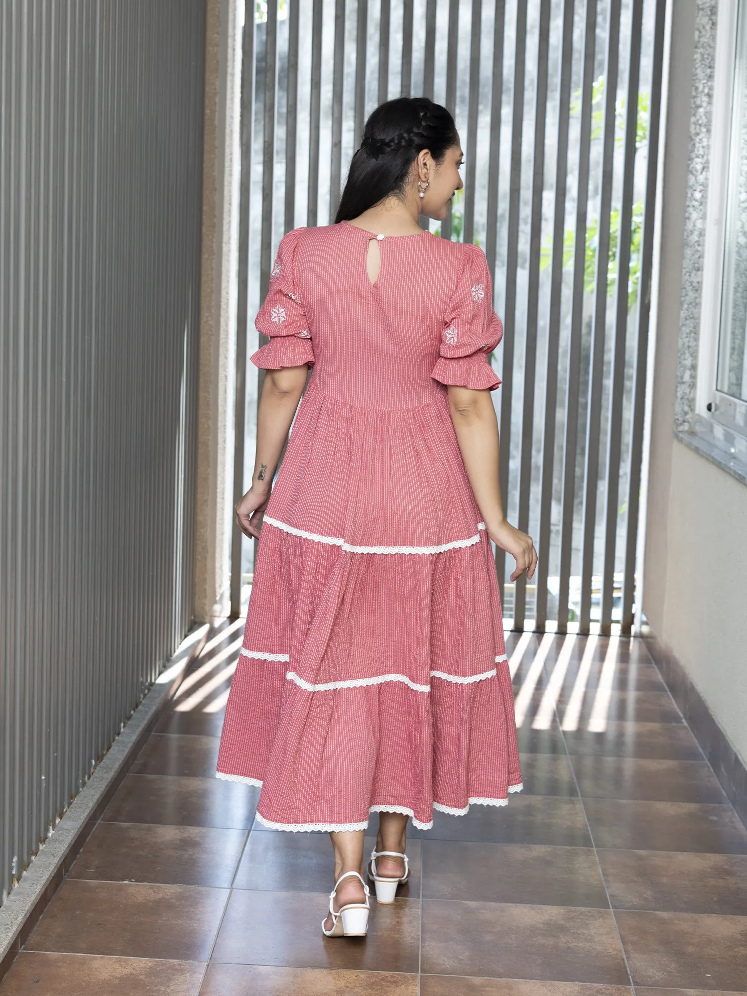 AAHELI TVARIKA CORAL COTTON KANTHA TIERED DRESS