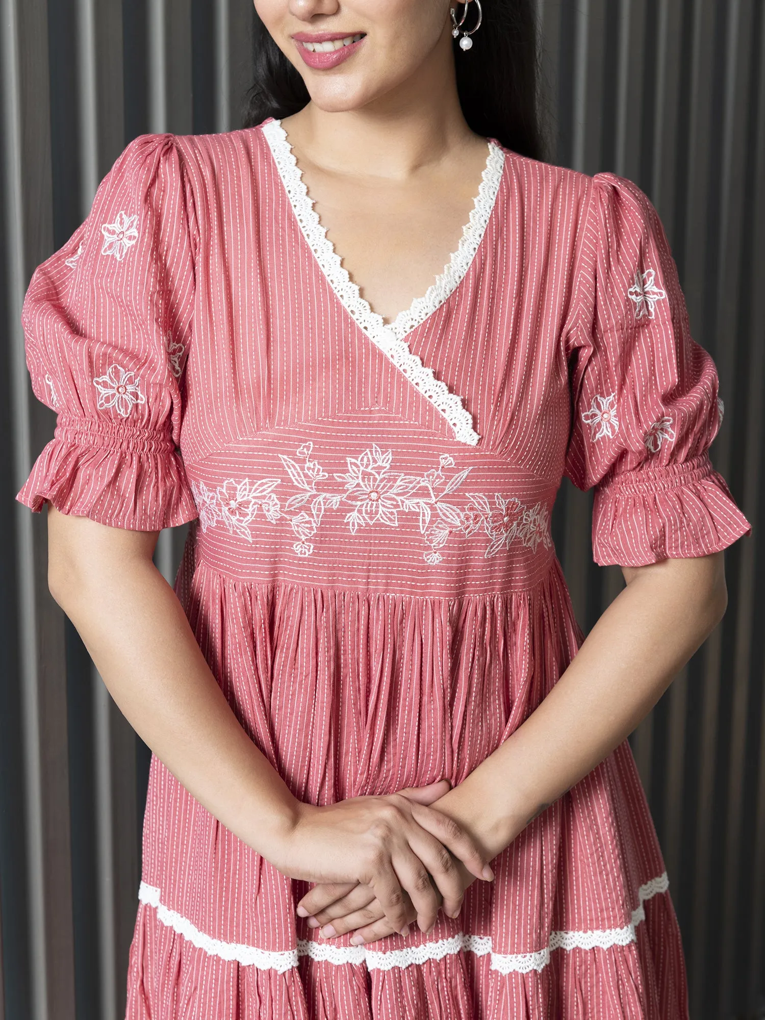 AAHELI TVARIKA CORAL COTTON KANTHA TIERED DRESS