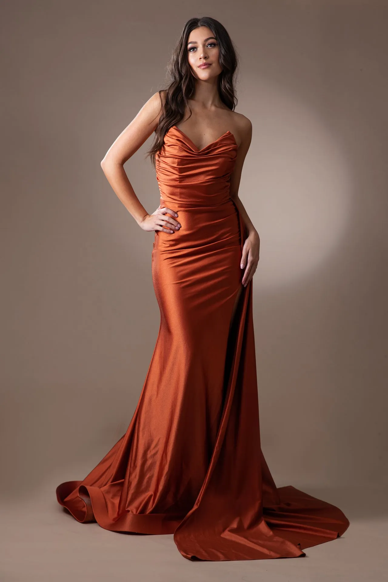 AC 3013 - Strapless Stretch Jersey Fit & Flare Prom Gown with Ruched Bodice High Leg Slit & Side Sash