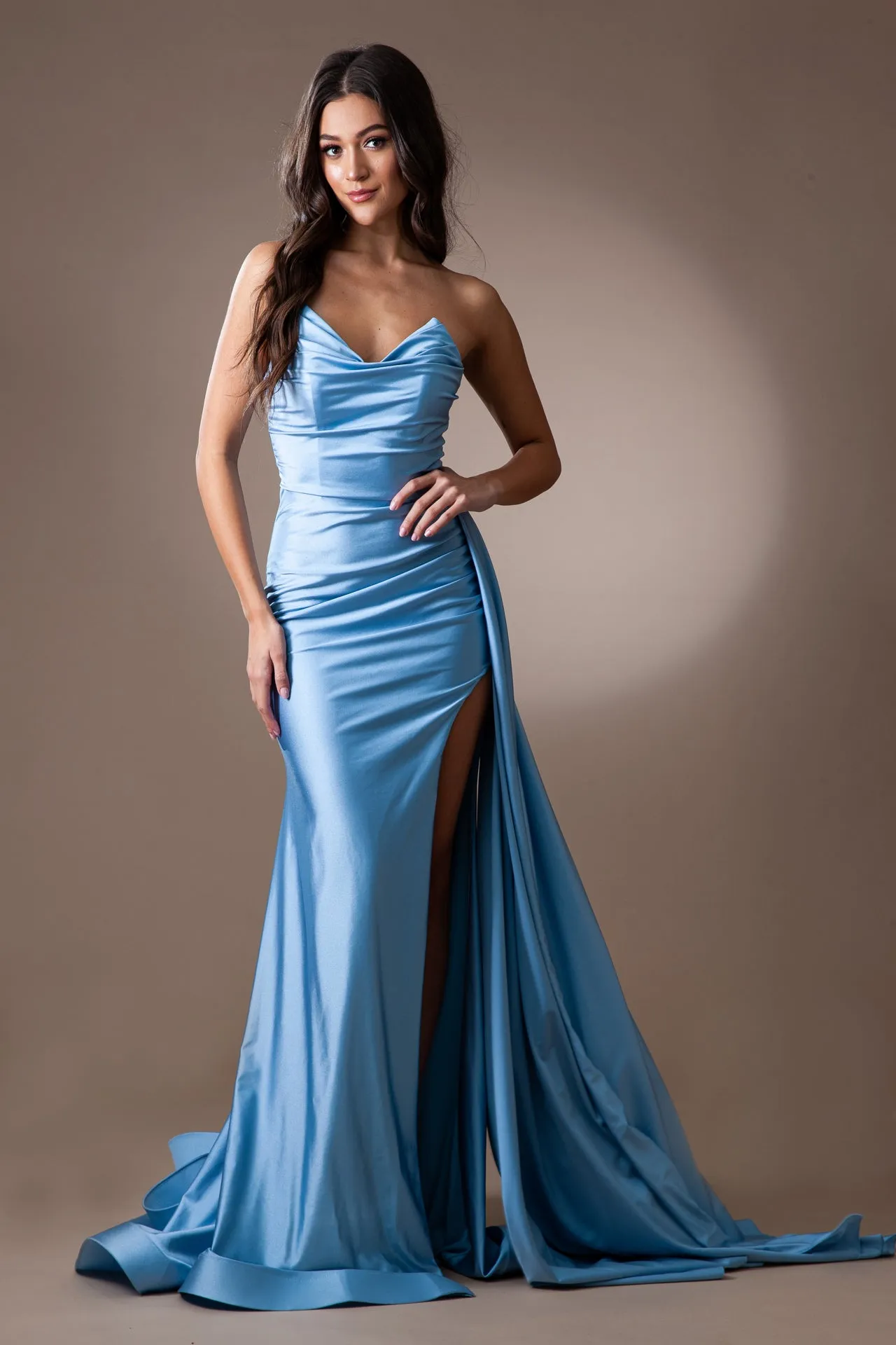 AC 3013 - Strapless Stretch Jersey Fit & Flare Prom Gown with Ruched Bodice High Leg Slit & Side Sash