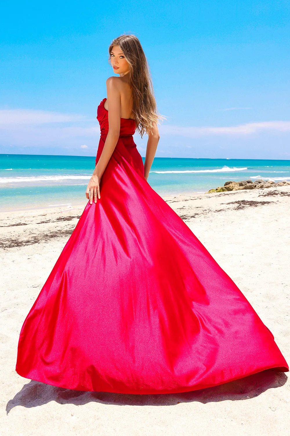 AC 3013 - Strapless Stretch Jersey Fit & Flare Prom Gown with Ruched Bodice High Leg Slit & Side Sash