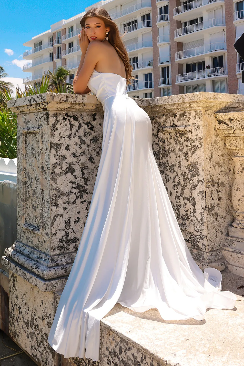 AC 3013 - Strapless Stretch Jersey Fit & Flare Prom Gown with Ruched Bodice High Leg Slit & Side Sash