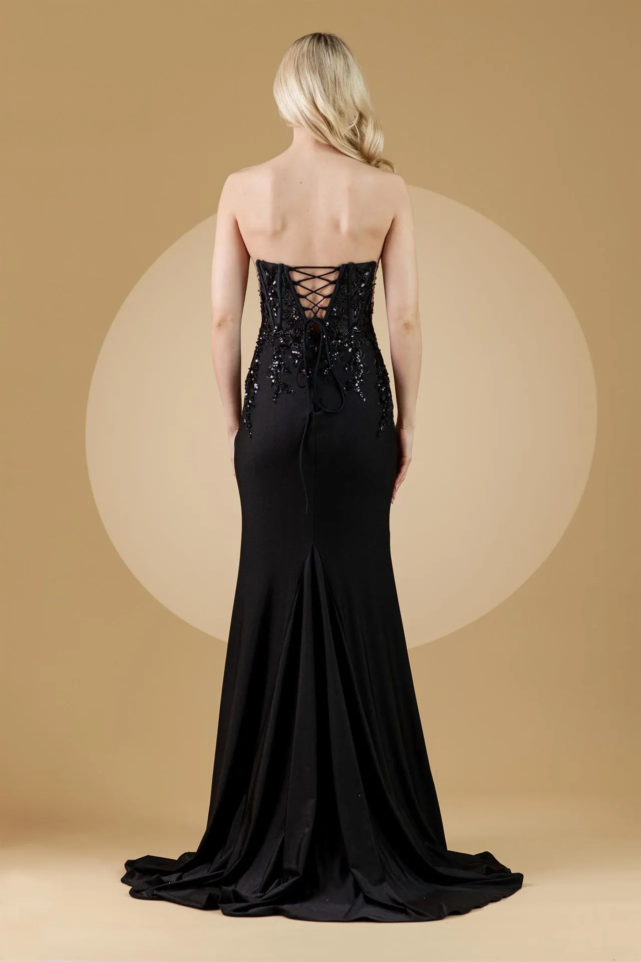 AC 7052 - Strapless Stretch Jersey Fit & Flare Prom Gown with Boned Beaded Lace Corset Bodice Sheer Underarms Lace Up Back & Leg Slit