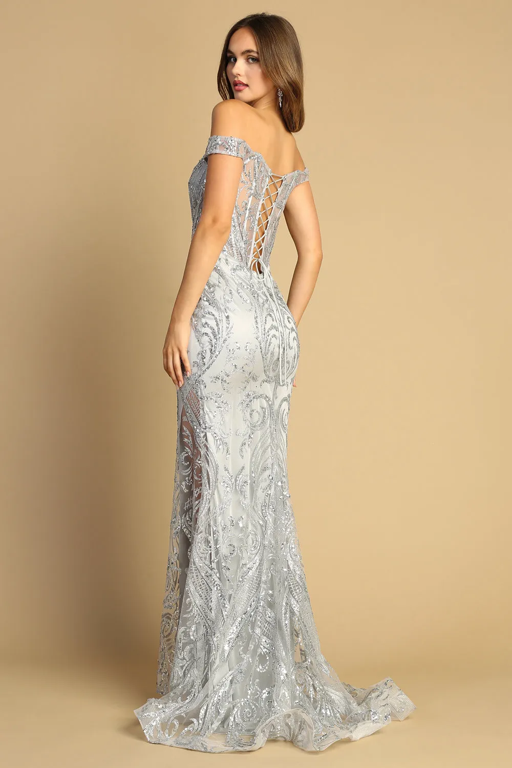 AD 3168 - Glitter Print Off the Shoulder Fit & Flare Prom Gown with Sheer Bodice Open Lace Up Back & Hidden Leg Slit