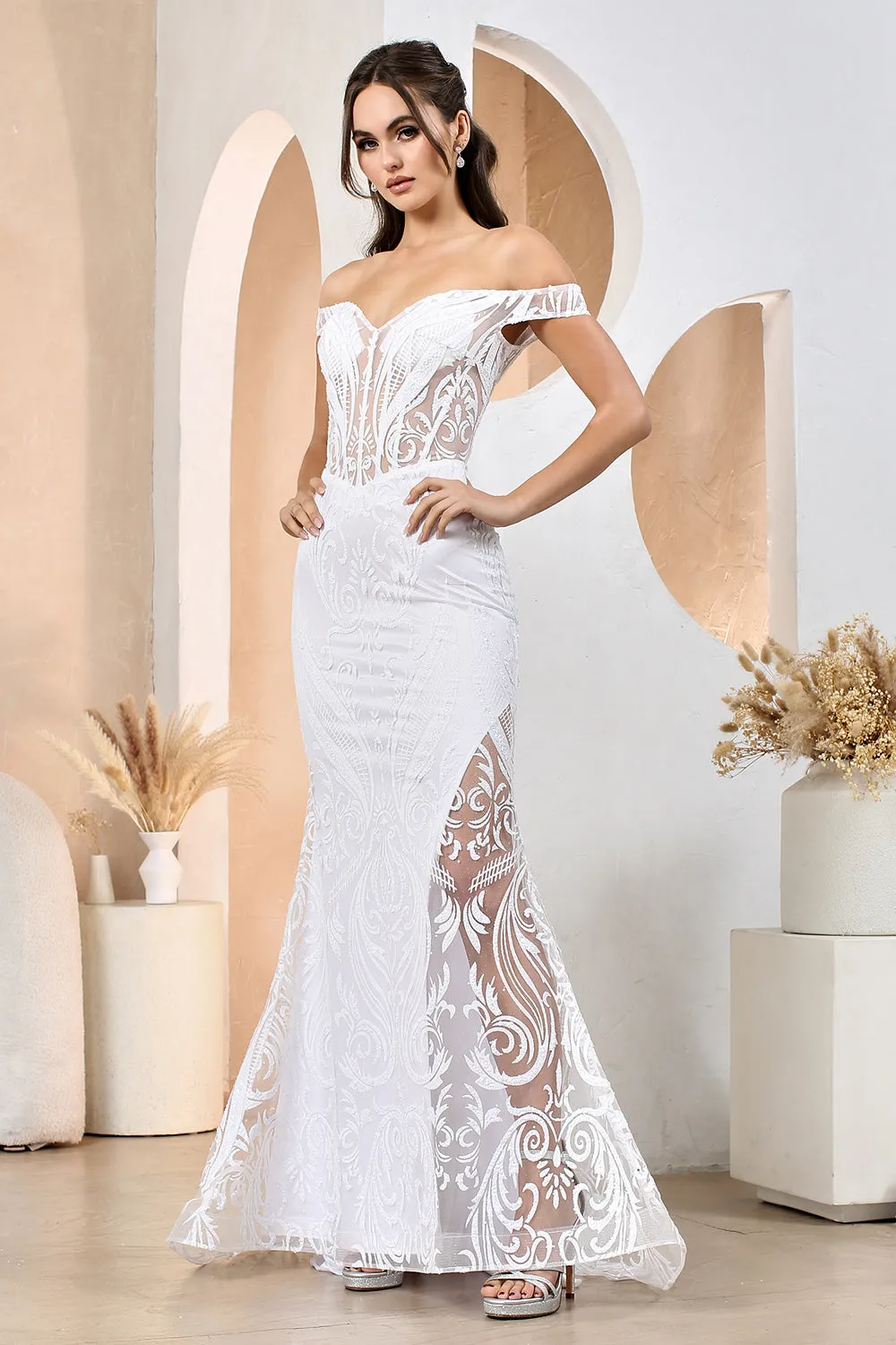 AD 3168 - Glitter Print Off the Shoulder Fit & Flare Prom Gown with Sheer Bodice Open Lace Up Back & Hidden Leg Slit