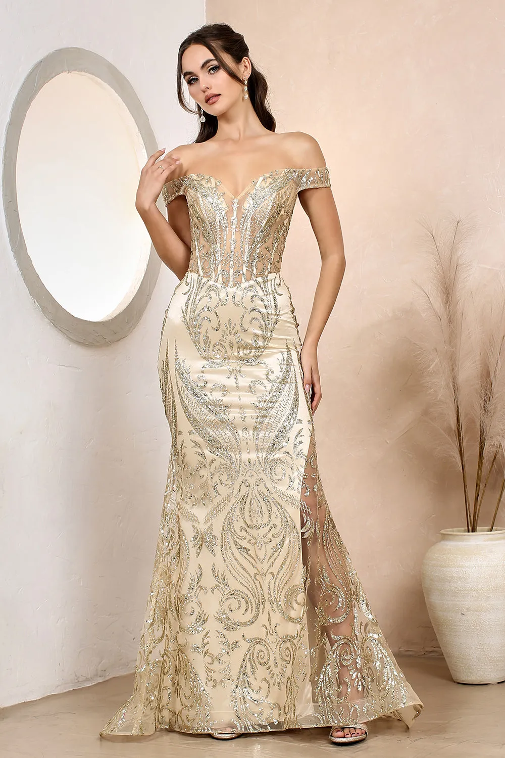 AD 3168 - Glitter Print Off the Shoulder Fit & Flare Prom Gown with Sheer Bodice Open Lace Up Back & Hidden Leg Slit