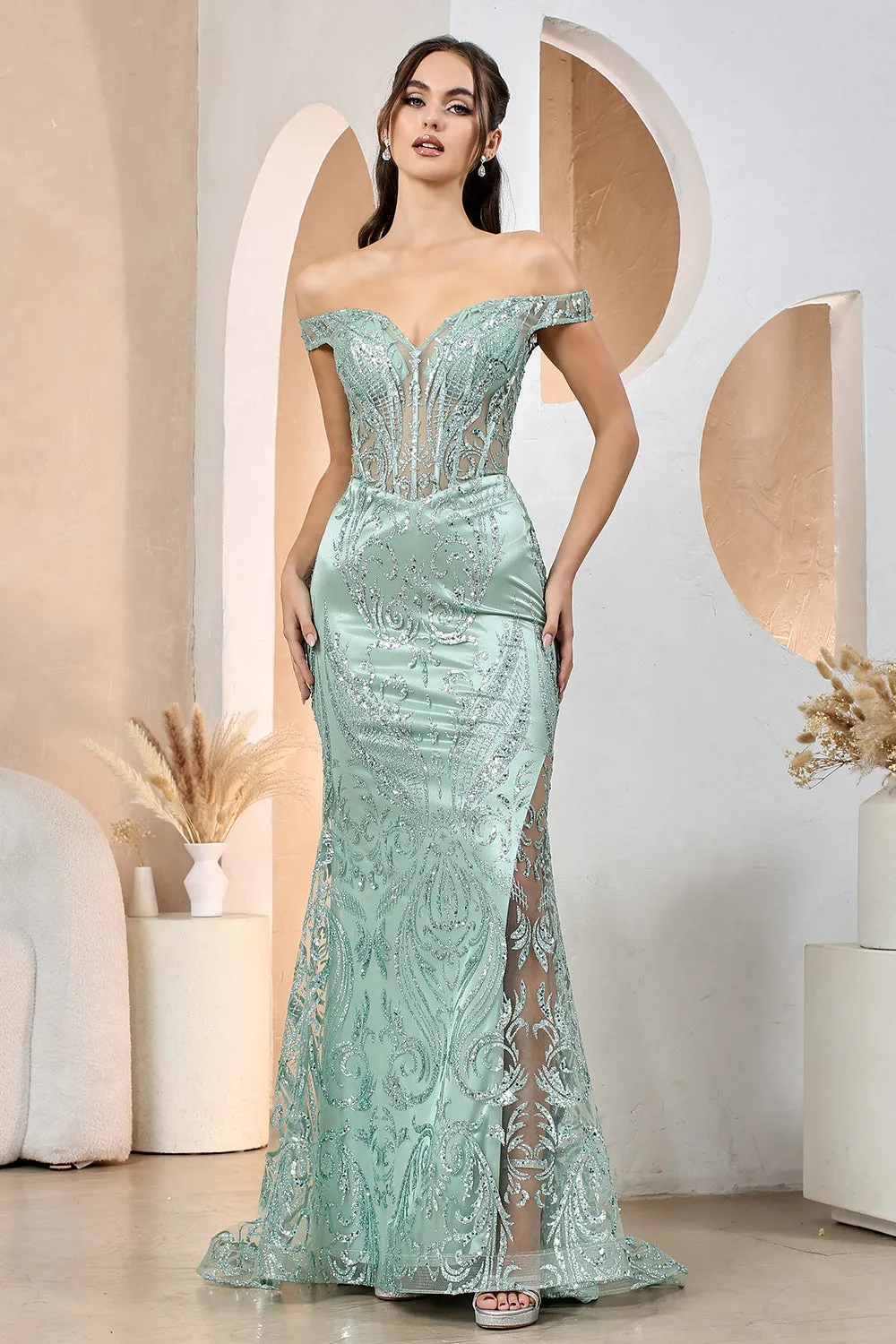 AD 3168 - Glitter Print Off the Shoulder Fit & Flare Prom Gown with Sheer Bodice Open Lace Up Back & Hidden Leg Slit