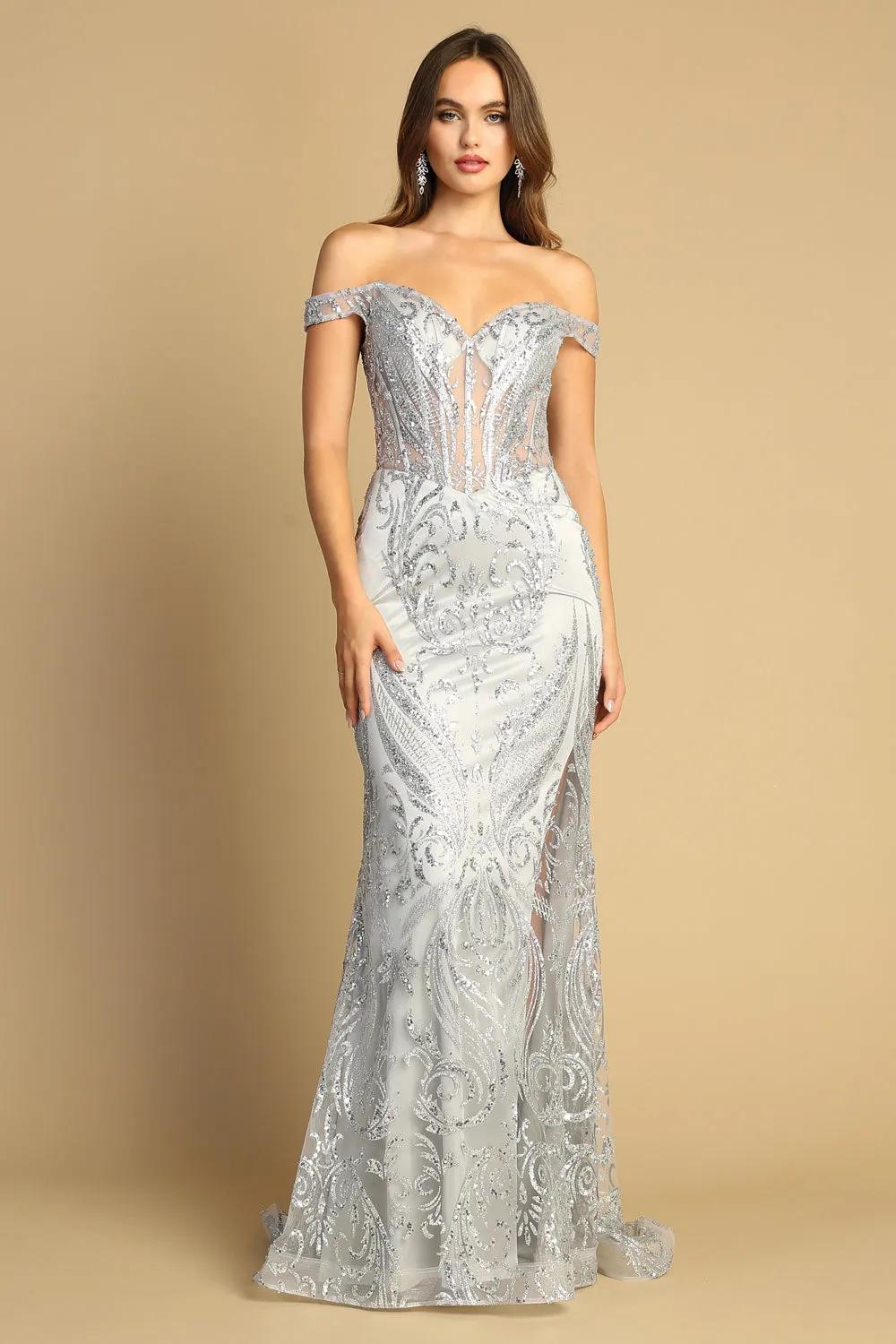 AD 3168 - Glitter Print Off the Shoulder Fit & Flare Prom Gown with Sheer Bodice Open Lace Up Back & Hidden Leg Slit