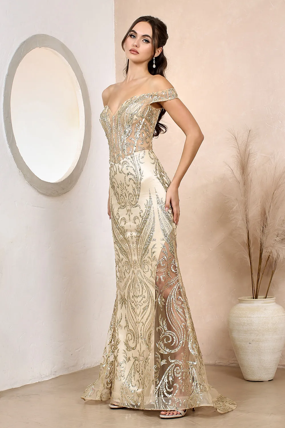 AD 3168 - Glitter Print Off the Shoulder Fit & Flare Prom Gown with Sheer Bodice Open Lace Up Back & Hidden Leg Slit