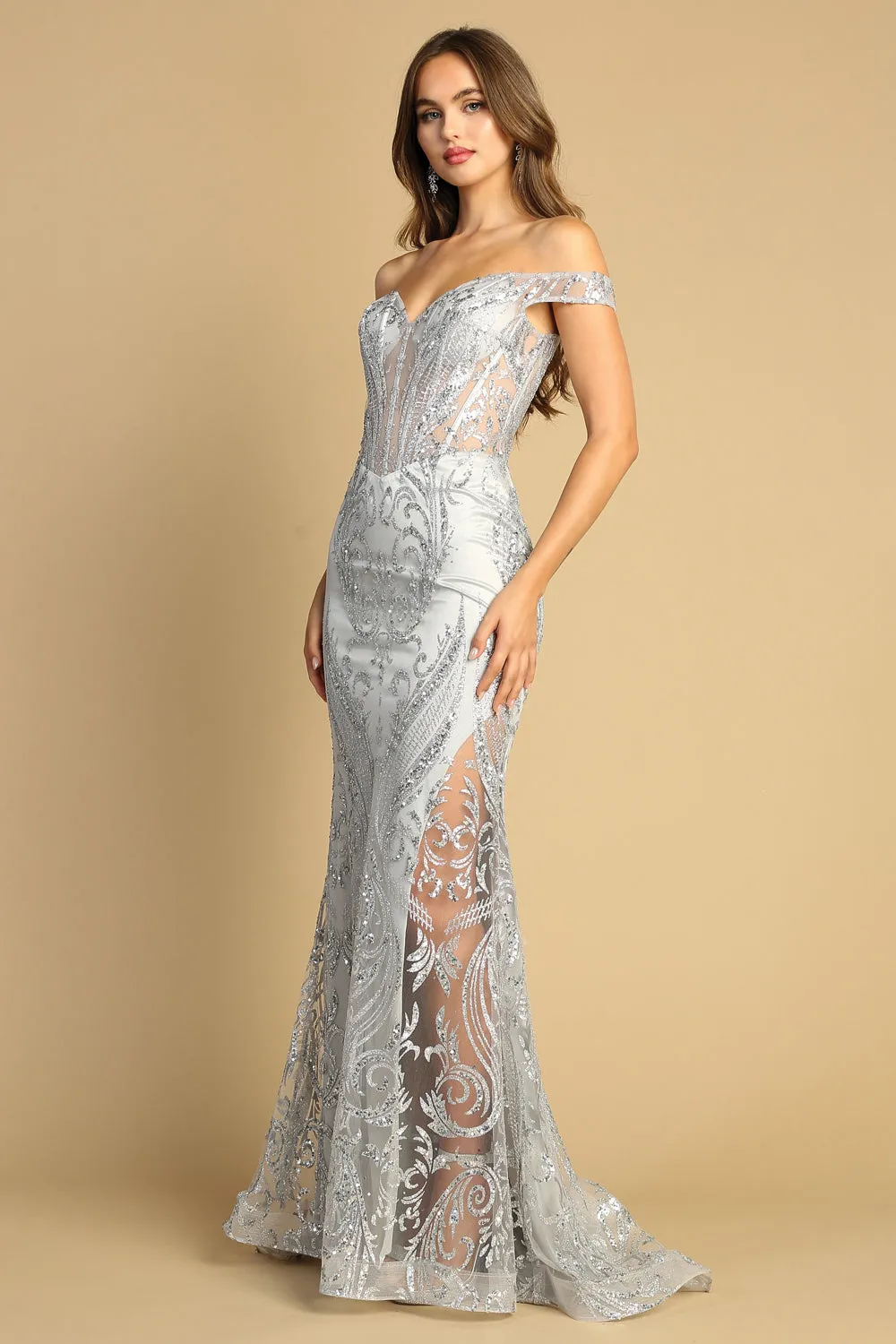 AD 3168 - Glitter Print Off the Shoulder Fit & Flare Prom Gown with Sheer Bodice Open Lace Up Back & Hidden Leg Slit