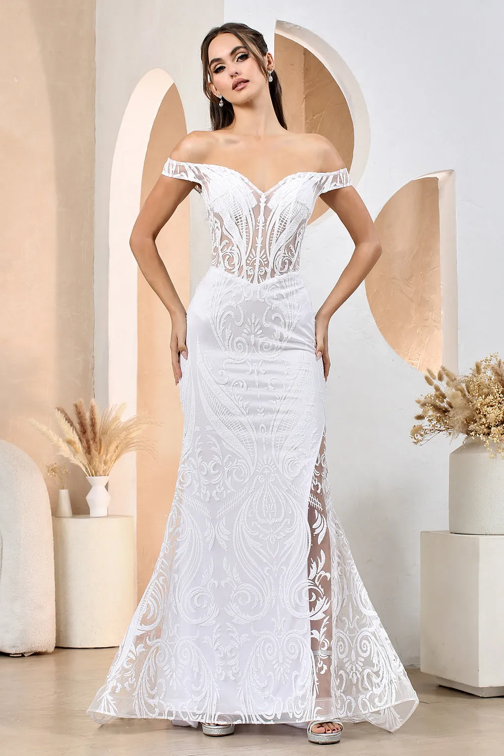 AD 3168 - Glitter Print Off the Shoulder Fit & Flare Prom Gown with Sheer Bodice Open Lace Up Back & Hidden Leg Slit