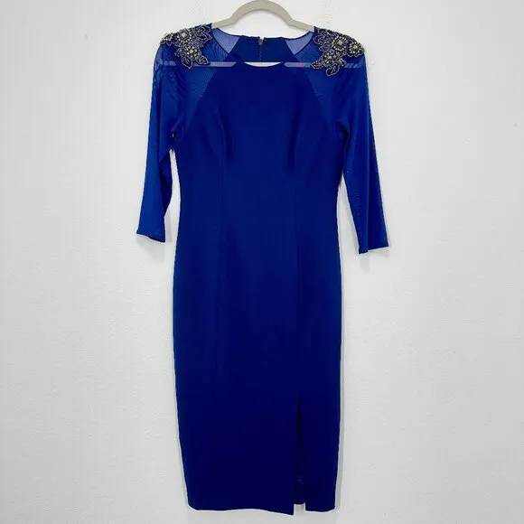 Adrianna Papell Dark Blue Size 2 Midi Sheath Dress Sheer Sleeves Rhinestone