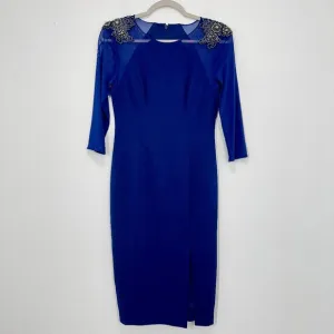 Adrianna Papell Dark Blue Size 2 Midi Sheath Dress Sheer Sleeves Rhinestone