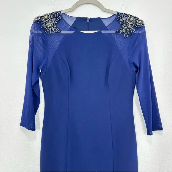 Adrianna Papell Dark Blue Size 2 Midi Sheath Dress Sheer Sleeves Rhinestone