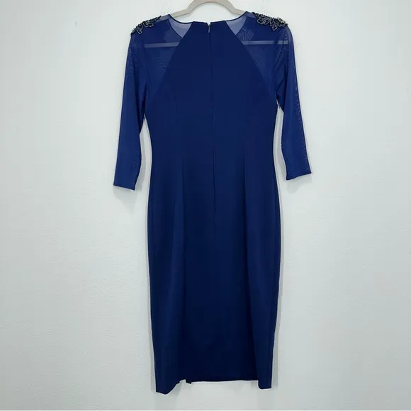 Adrianna Papell Dark Blue Size 2 Midi Sheath Dress Sheer Sleeves Rhinestone