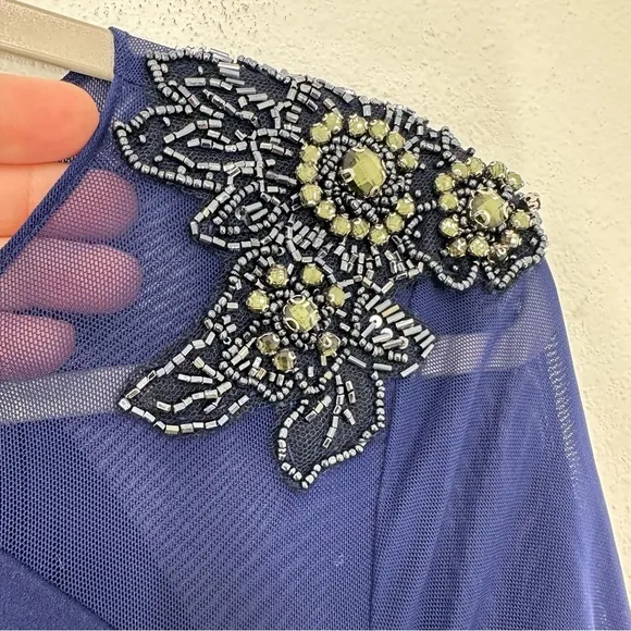 Adrianna Papell Dark Blue Size 2 Midi Sheath Dress Sheer Sleeves Rhinestone