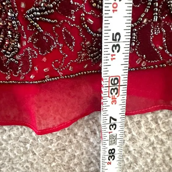 Adrianna Papell Evening Dress Red Silk Beaded One Shoulder Christmas Sequined