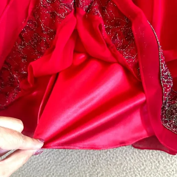 Adrianna Papell Evening Dress Red Silk Beaded One Shoulder Christmas Sequined