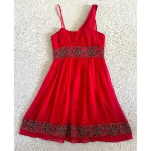 Adrianna Papell Evening Dress Red Silk Beaded One Shoulder Christmas Sequined