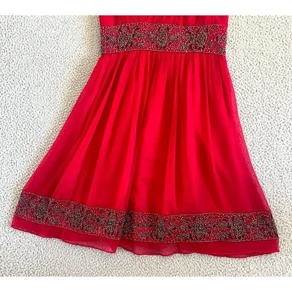 Adrianna Papell Evening Dress Red Silk Beaded One Shoulder Christmas Sequined