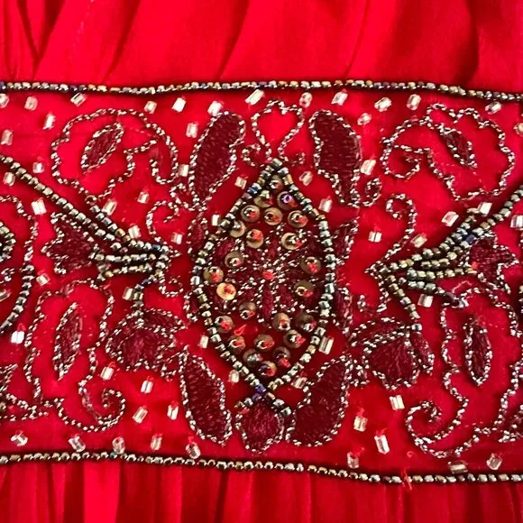 Adrianna Papell Evening Dress Red Silk Beaded One Shoulder Christmas Sequined