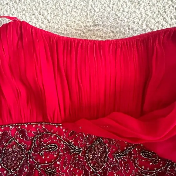 Adrianna Papell Evening Dress Red Silk Beaded One Shoulder Christmas Sequined