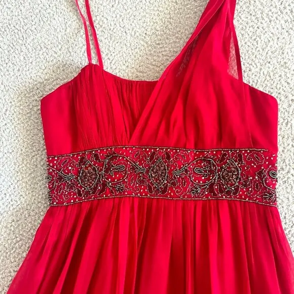 Adrianna Papell Evening Dress Red Silk Beaded One Shoulder Christmas Sequined