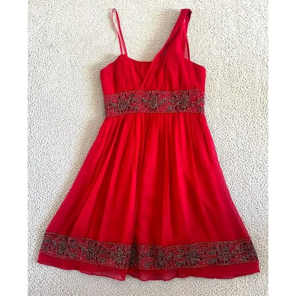 Adrianna Papell Evening Dress Red Silk Beaded One Shoulder Christmas Sequined