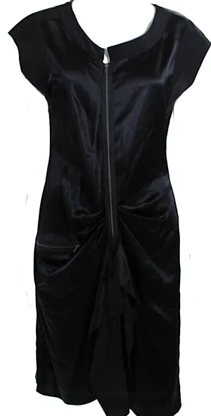 Alberta Ferretti Italy. "Philosophy" Black Satin Sleeveless Zip Up A-Line Dress