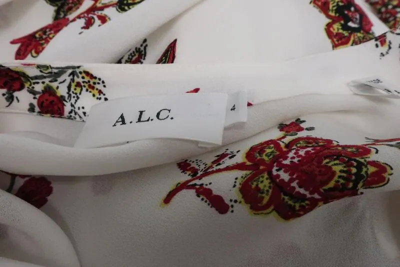 A.L.C. Dress Rori White Floral Print Silk Size 4 Long Sleeve Drawstring-Waist
