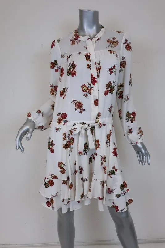 A.L.C. Dress Rori White Floral Print Silk Size 4 Long Sleeve Drawstring-Waist