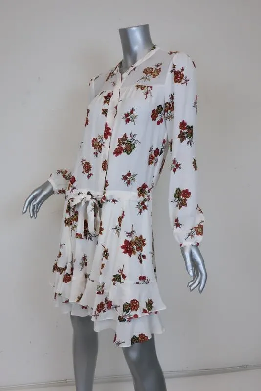 A.L.C. Dress Rori White Floral Print Silk Size 4 Long Sleeve Drawstring-Waist