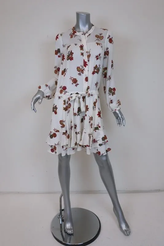 A.L.C. Dress Rori White Floral Print Silk Size 4 Long Sleeve Drawstring-Waist
