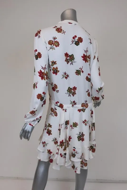 A.L.C. Dress Rori White Floral Print Silk Size 4 Long Sleeve Drawstring-Waist