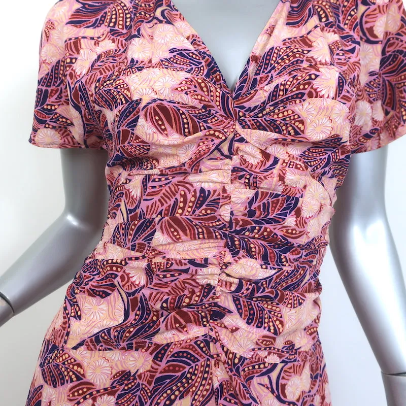 A.L.C. Elodie Ruched Midi Dress Pink Printed Stretch Silk Size 2