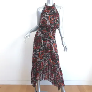 A.L.C. Midi Dress Bardot Black/Red Metallic-Striped Printed Chiffon Size 0