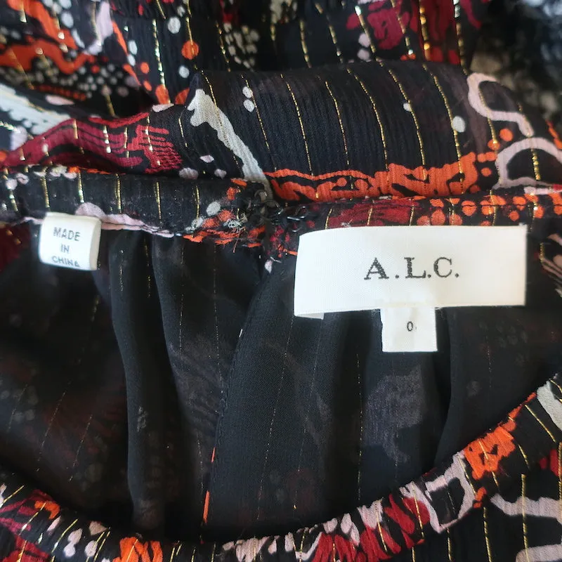 A.L.C. Midi Dress Bardot Black/Red Metallic-Striped Printed Chiffon Size 0