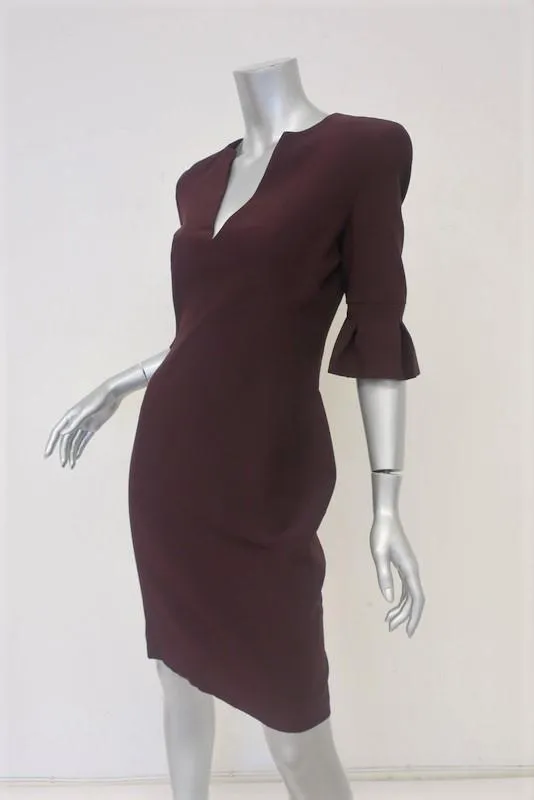 Alexander McQueen Dress Burgundy Crepe Size 40 V-Neck Tulip Sleeve Sheath