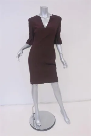 Alexander McQueen Dress Burgundy Crepe Size 40 V-Neck Tulip Sleeve Sheath