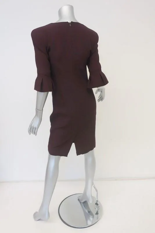 Alexander McQueen Dress Burgundy Crepe Size 40 V-Neck Tulip Sleeve Sheath