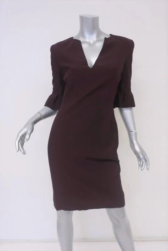 Alexander McQueen Dress Burgundy Crepe Size 40 V-Neck Tulip Sleeve Sheath