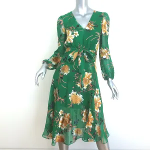 Alice   Olivia Coco Midi Dress Green Floral Print Fil Coupe Chiffon Size 2