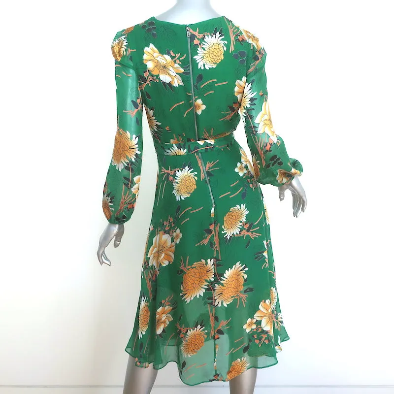 Alice   Olivia Coco Midi Dress Green Floral Print Fil Coupe Chiffon Size 2