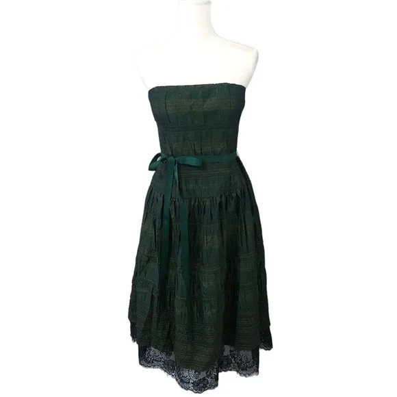 Allure Noir Green Strapless Plaid Check Pattern Fit Flare Dress