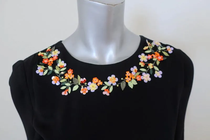 Altuzarra Dress Sylvia Black Floral-Embroidered Crepe Size 36 Half-Sleeve Midi