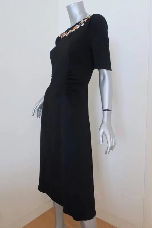 Altuzarra Dress Sylvia Black Floral-Embroidered Crepe Size 36 Half-Sleeve Midi