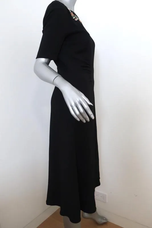 Altuzarra Dress Sylvia Black Floral-Embroidered Crepe Size 36 Half-Sleeve Midi