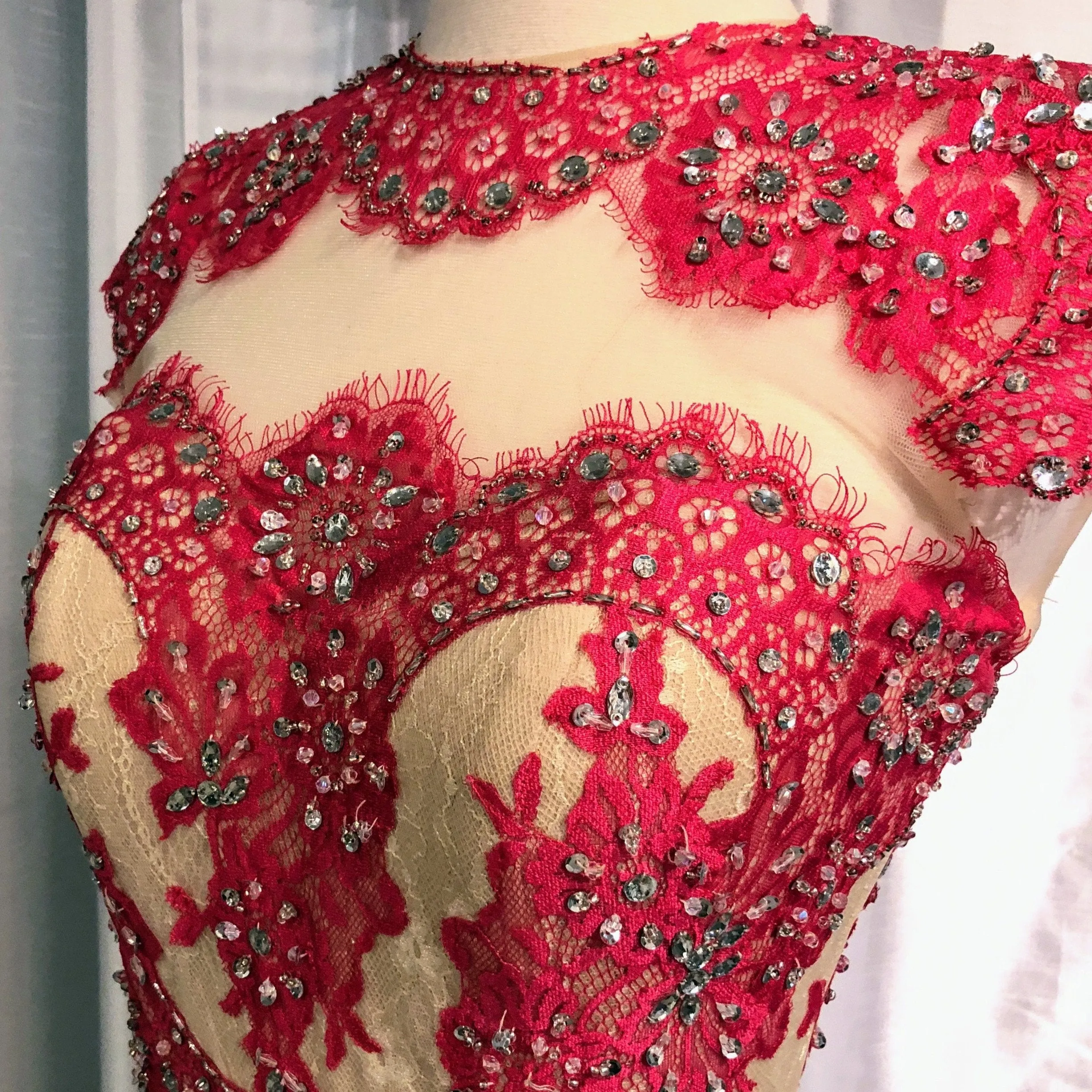 ANGELA & ALISON Fuchsia & Nude Lace Sheer Sheath Dress Size 4